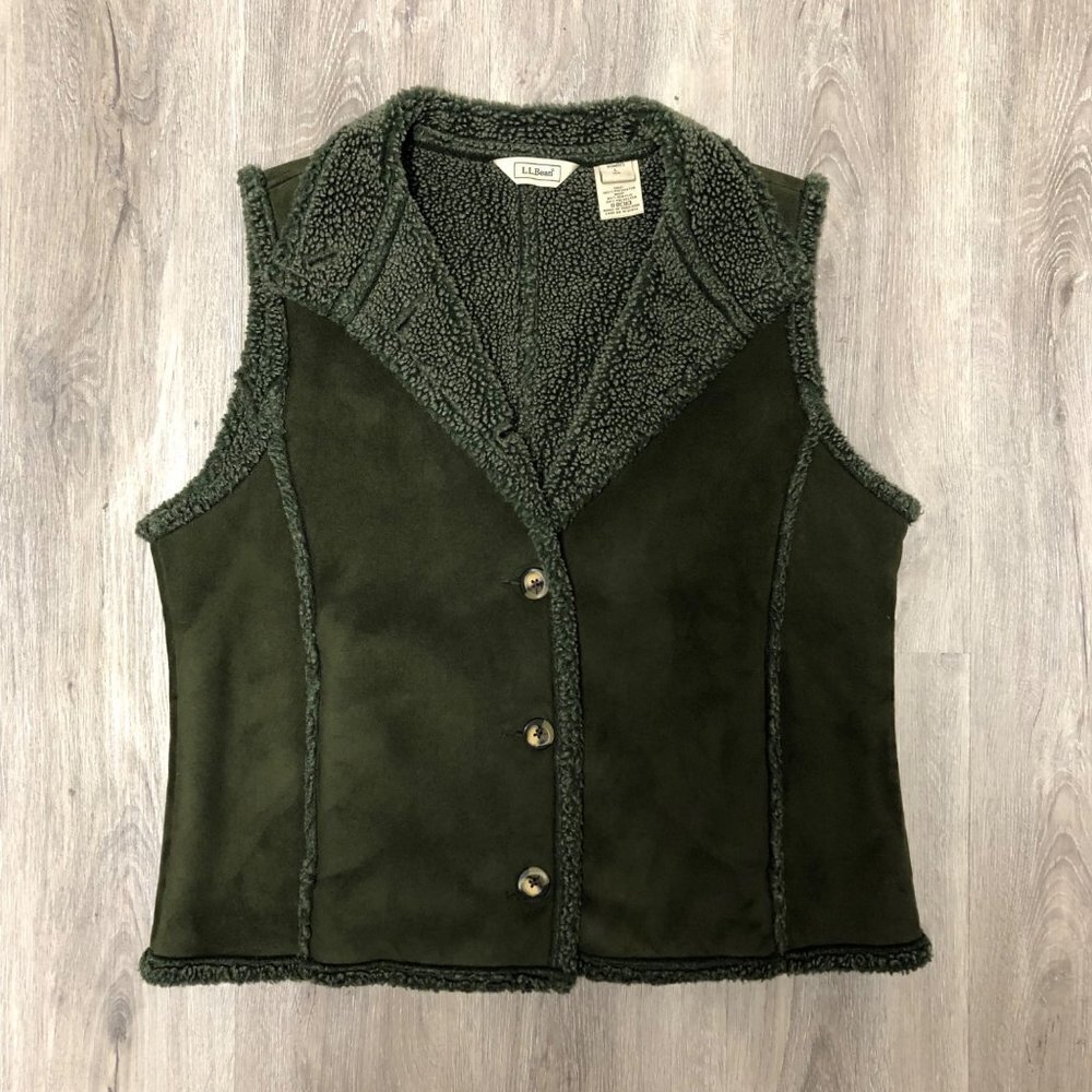 L.L. Bean Women's Size Large Green Vegan Suede Shearling Fleece Vest Penny Lane